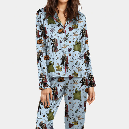 Light Blue Gothic Halloween Holiday Satin Pajamas