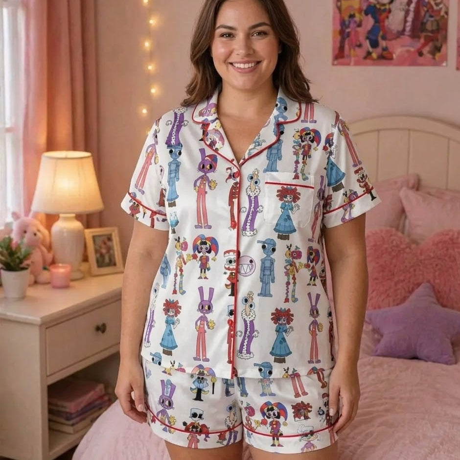 Digital Circus "Virtual Escape" Satin Set - Aesthetic Anime Silk-Feel Loungewear