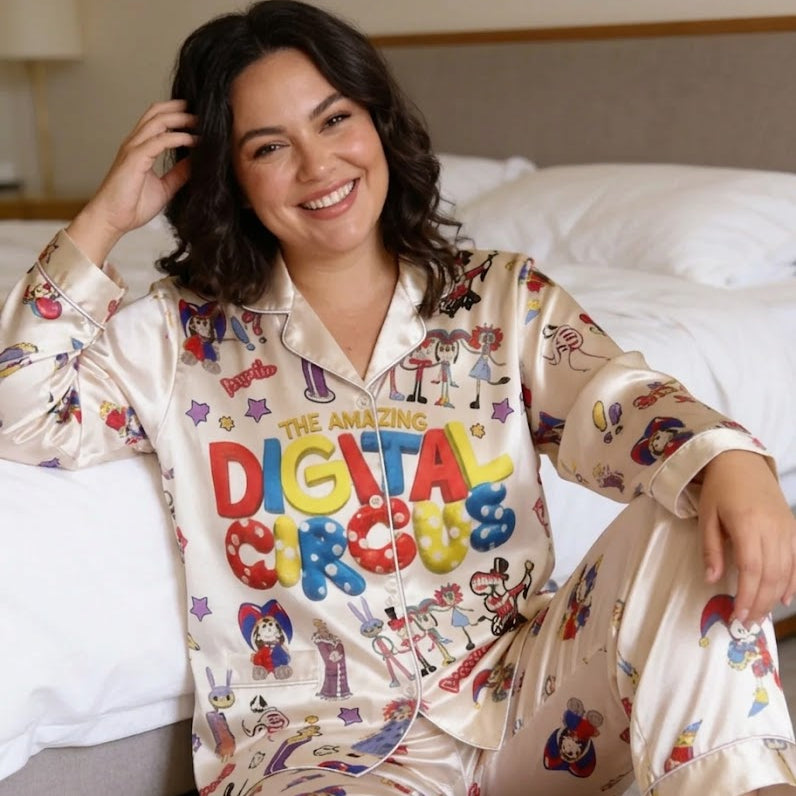 Soft Silk Digital Circus Lounge Set - Cute Cartoon Print Satin Sleepwear