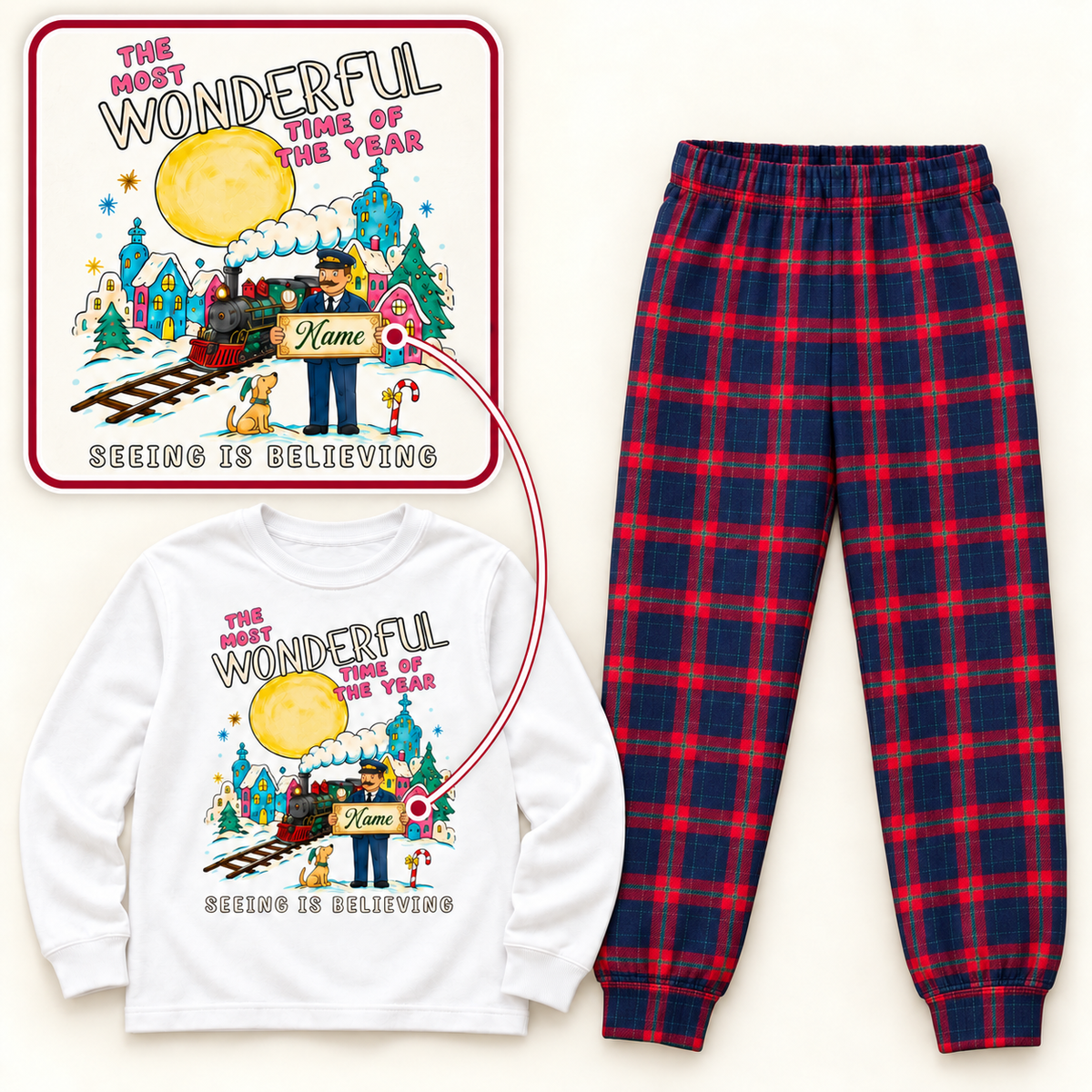 Personalized Seeing Is Believing Christmas Pajama Set – White & Red Plaid
