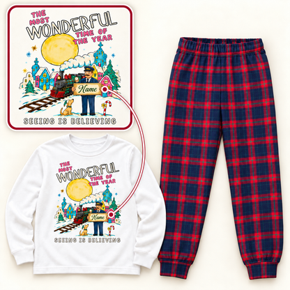 Personalized Seeing Is Believing Christmas Pajama Set – White & Red Plaid