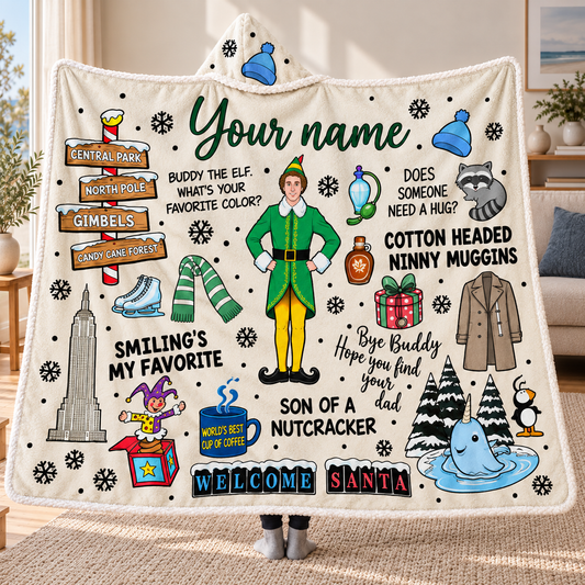 Personalized Buddy the Elf Christmas Hooded Blanket.