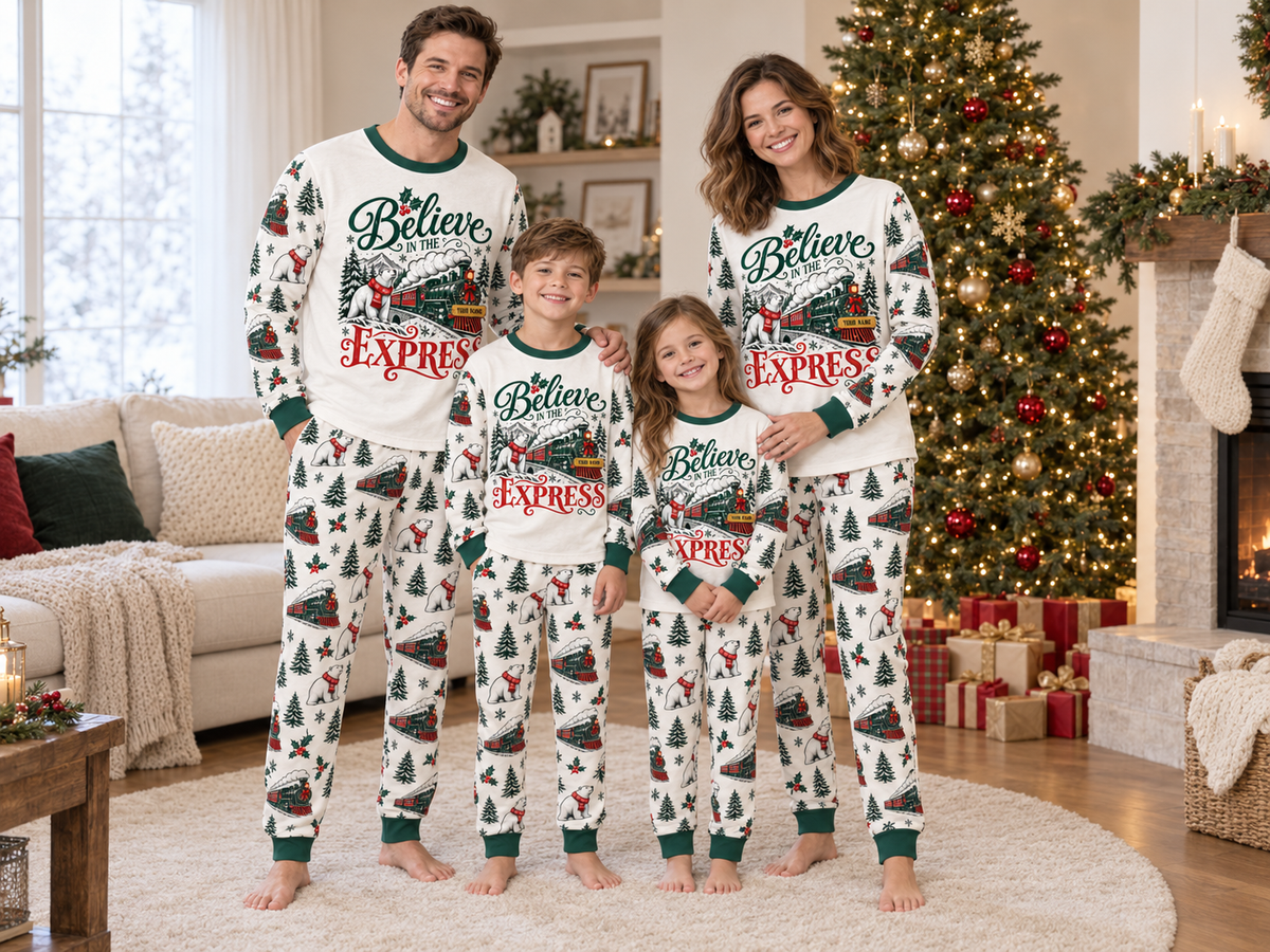 Personalized Believe Express Family Christmas Pajamas – Forest Green Trim