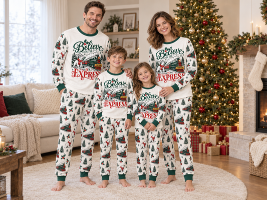 Personalized Believe Express Family Christmas Pajamas – Forest Green Trim