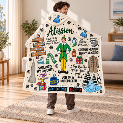 Personalized Buddy the Elf Christmas Hooded Blanket.