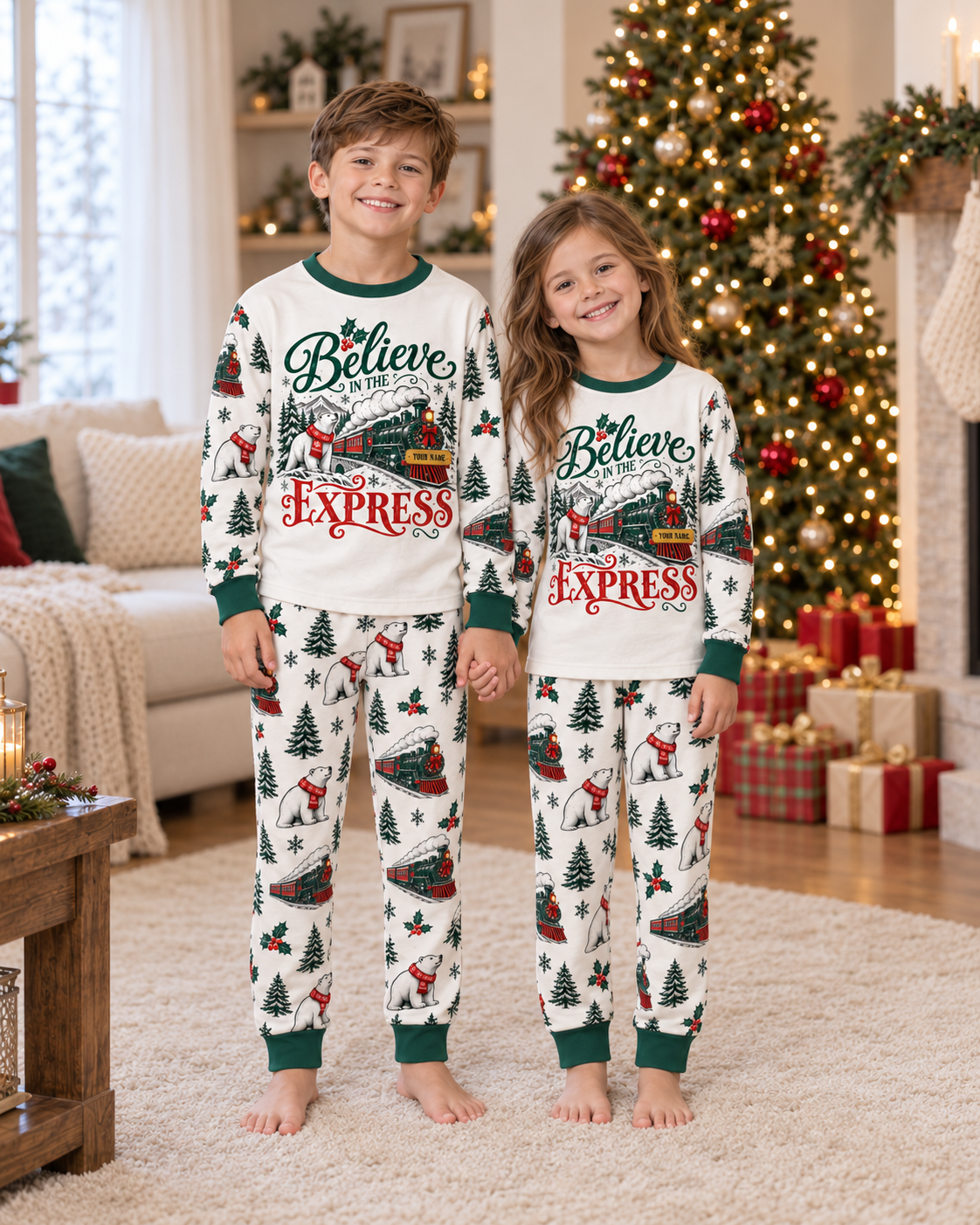 Personalized Believe Express Family Christmas Pajamas – Forest Green Trim