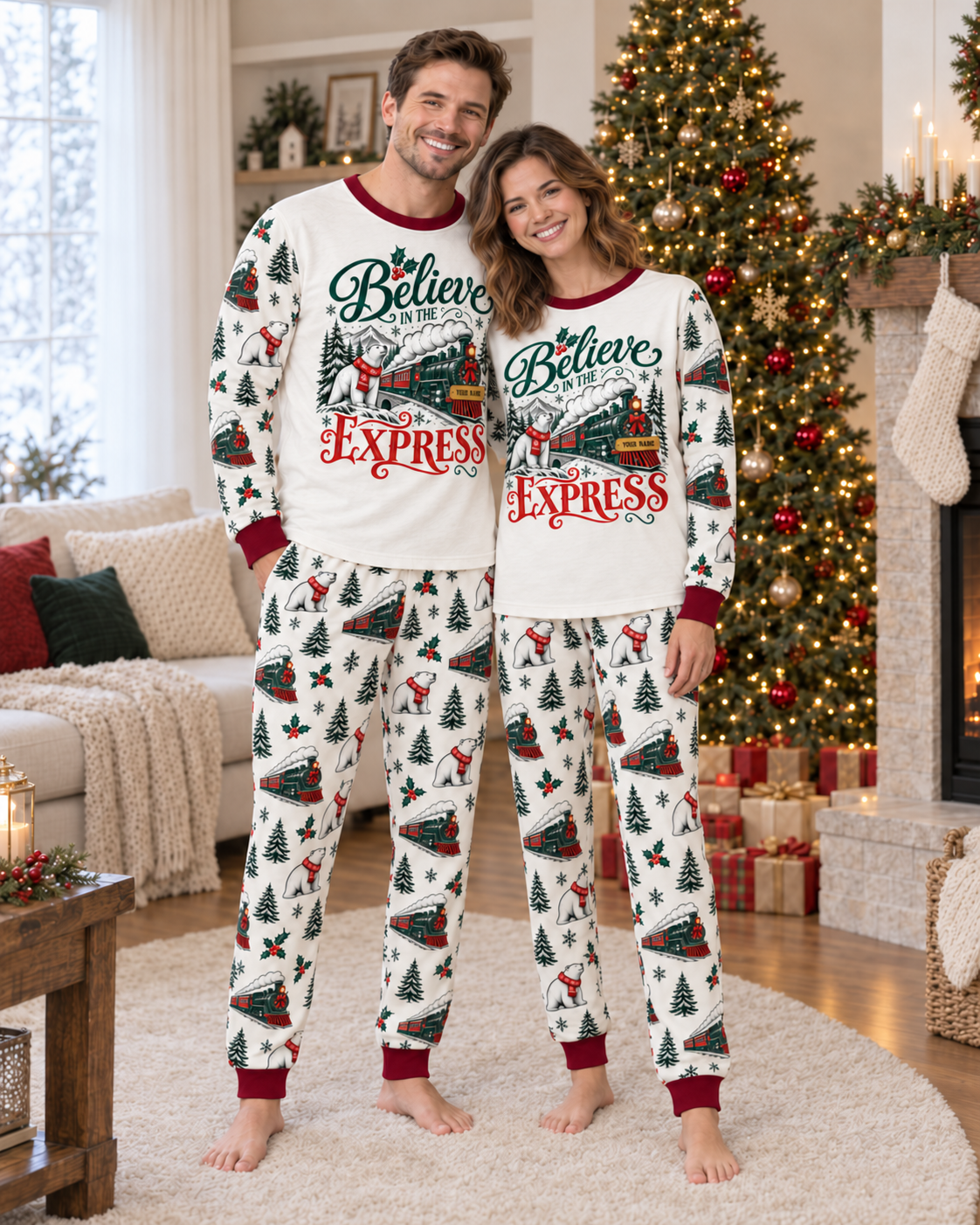 Personalized Believe Express Family Christmas Pajamas – Burgundy Trim