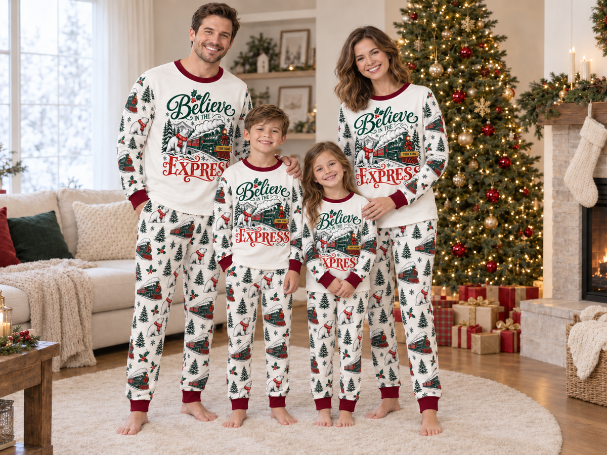 Personalized Believe Express Family Christmas Pajamas – Burgundy Trim