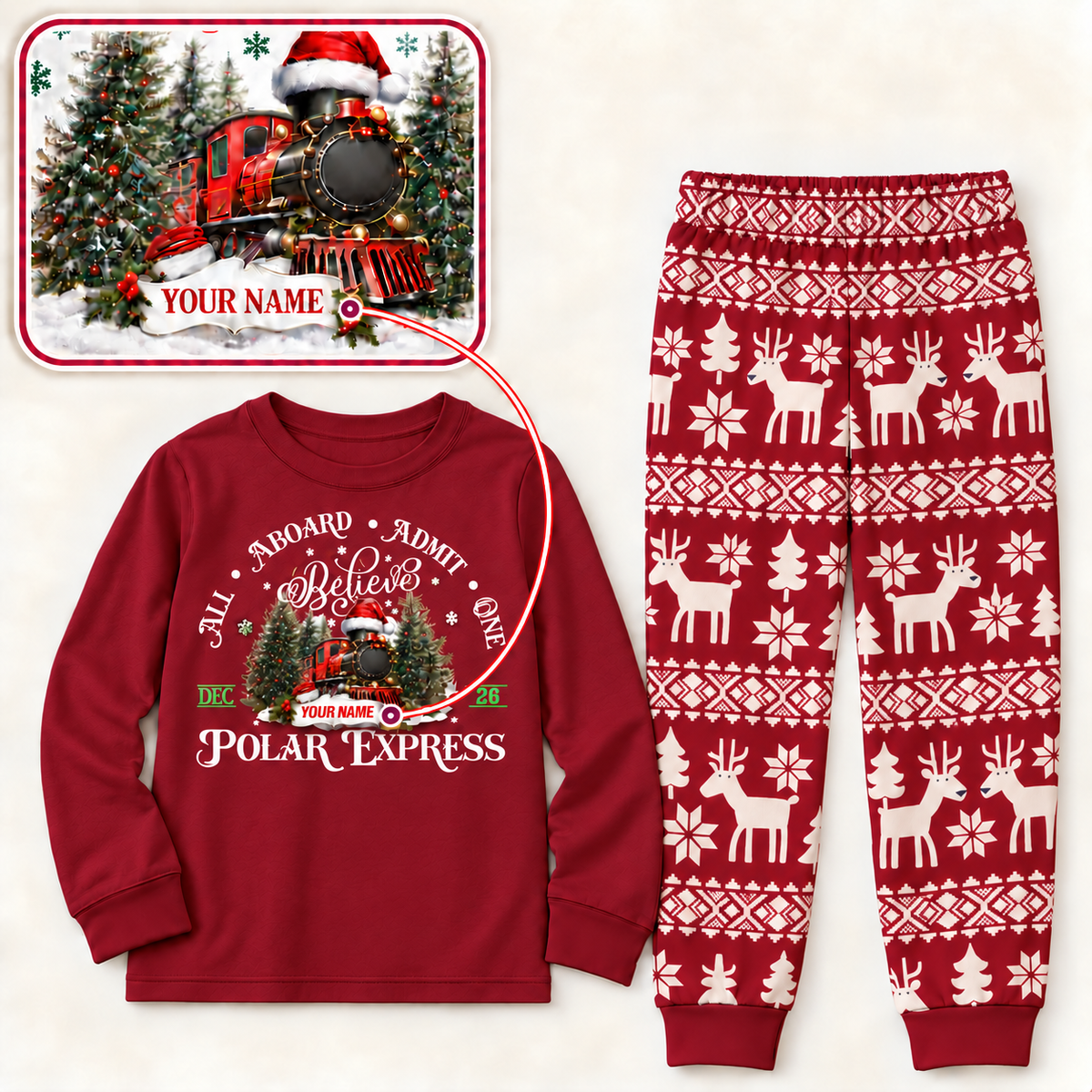 Personalized Polar Express Christmas Pajama Set – Red Nordic Reindeer