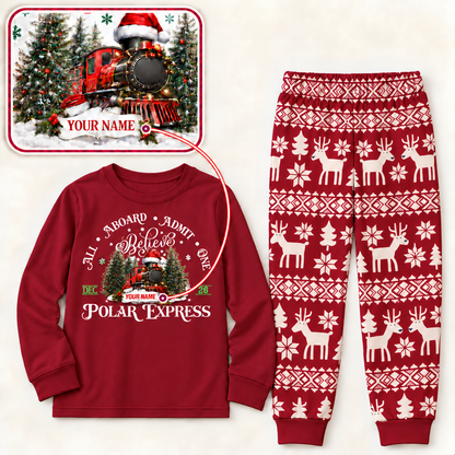 Personalized Polar Express Christmas Pajama Set – Red Nordic Reindeer