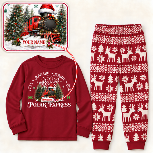 Personalized Polar Express Christmas Pajama Set – Red Nordic Reindeer