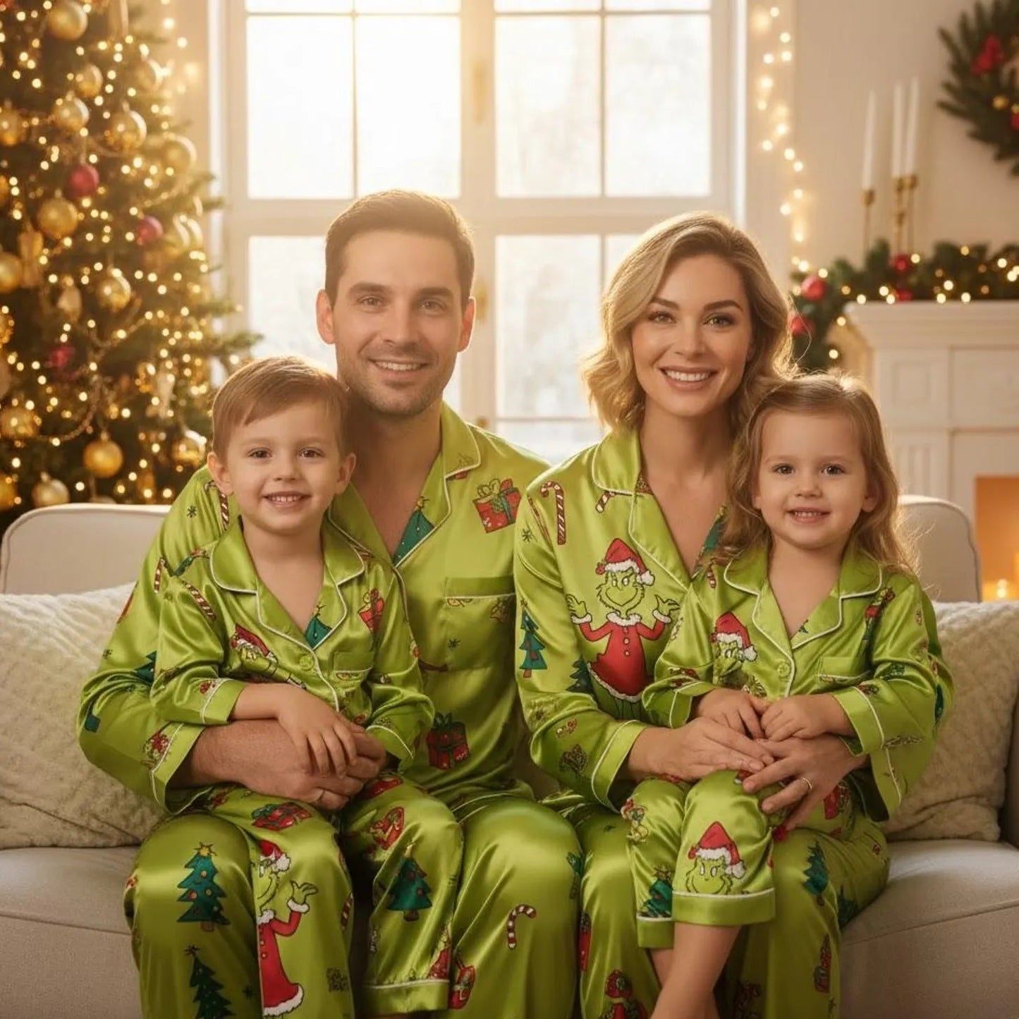 Green Holiday Family Satin Pajama Set – Funny Matching Christmas Sleepwear for Parents and Kids