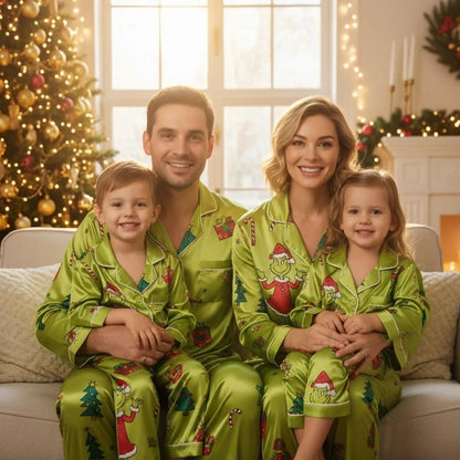 Green Holiday Family Satin Pajama Set – Funny Matching Christmas Sleepwear for Parents and Kids
