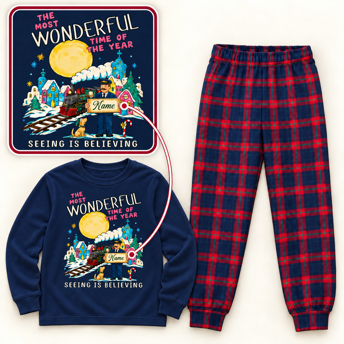 Personalized Seeing Is Believing Christmas Pajama Set – Navy & Red Plaid