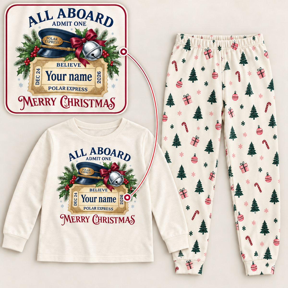 Personalized Polar Express Christmas Pajama Set – Ivory Holiday Print