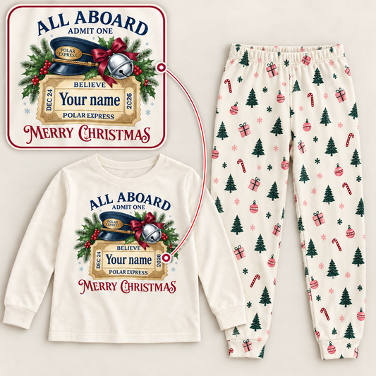 Personalized Polar Express Christmas Pajama Set – Ivory Holiday Print