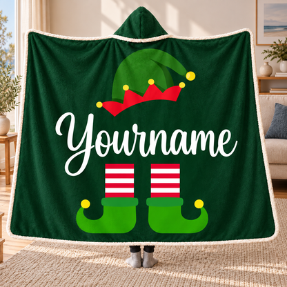 Personalized Christmas Elf Hooded Blanket – Forest Green