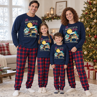 Personalized Seeing Is Believing Christmas Pajama Set – Navy & Red Plaid