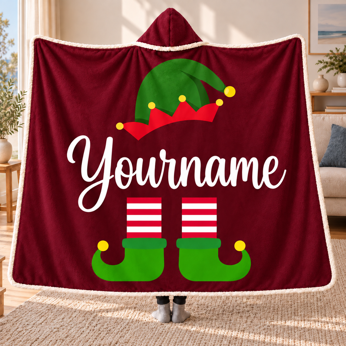 Personalized Christmas Elf Hooded Blanket – Burgundy Red