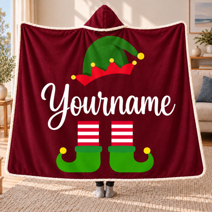 Personalized Christmas Elf Hooded Blanket – Burgundy Red