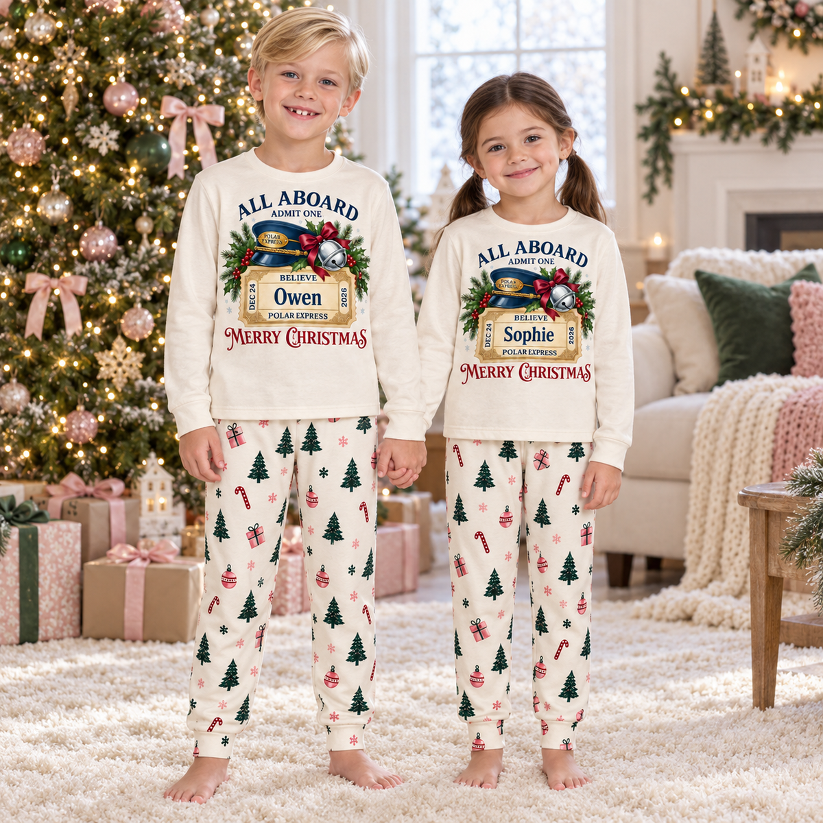 Personalized Polar Express Christmas Pajama Set – Ivory Holiday Print