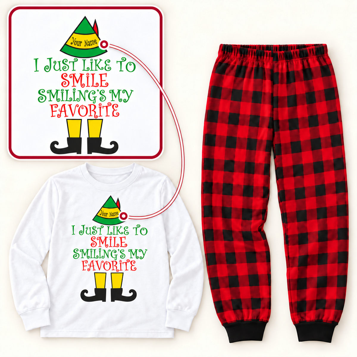 Personalized “Smiling’s My Favorite” Christmas Pajama Set – White