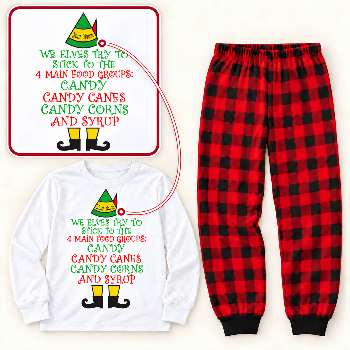 Personalized “Four Main Food Groups” Christmas Elf Pajama Set – White