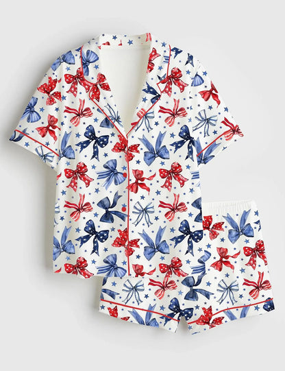 The USA 250th Anniversary Patriotic Bow Satin Pajamas – 4th of July Coquette Aesthetic Sleepwear