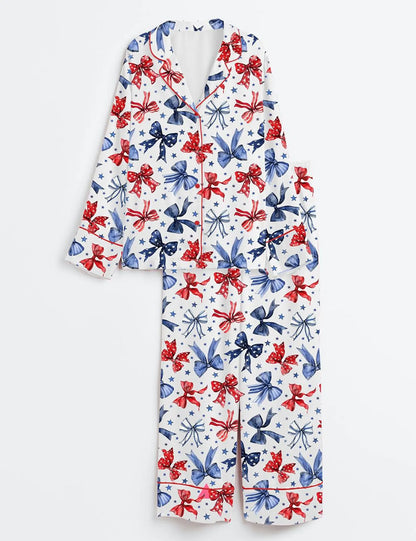 The USA 250th Anniversary Patriotic Bow Satin Pajamas – 4th of July Coquette Aesthetic Sleepwear