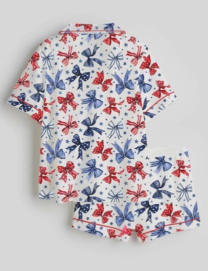 The USA 250th Anniversary Patriotic Bow Satin Pajamas – 4th of July Coquette Aesthetic Sleepwear