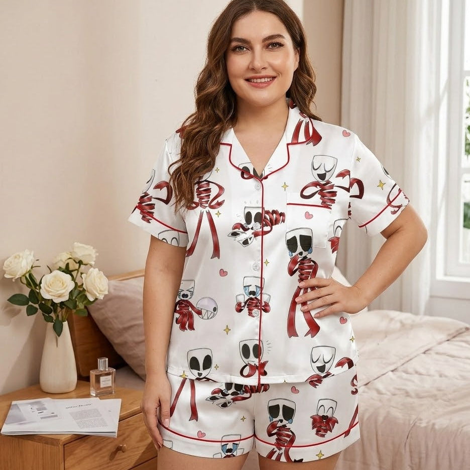 Digital Circus Ribbon & Mask Satin PJs - Aesthetic Theater-Inspired Sleepwear Set