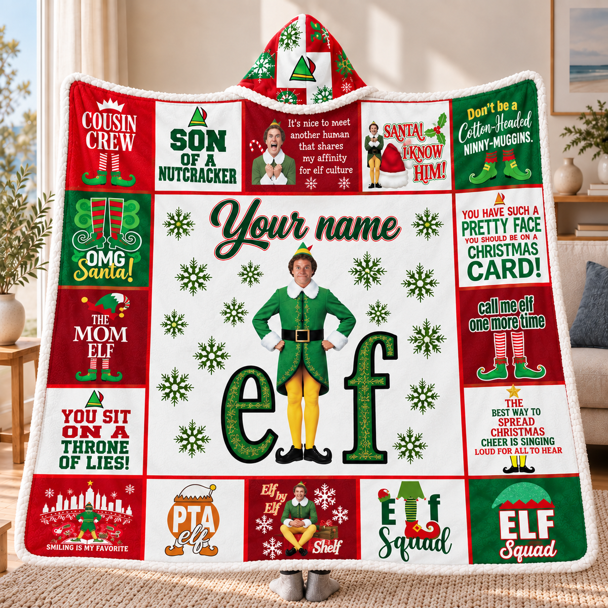 Personalized Buddy the Elf Christmas Patchwork Hooded Blanket.