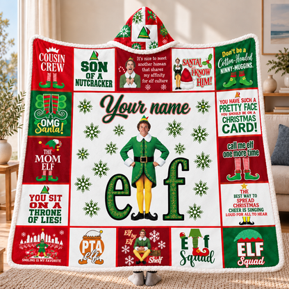 Personalized Buddy the Elf Christmas Patchwork Hooded Blanket.