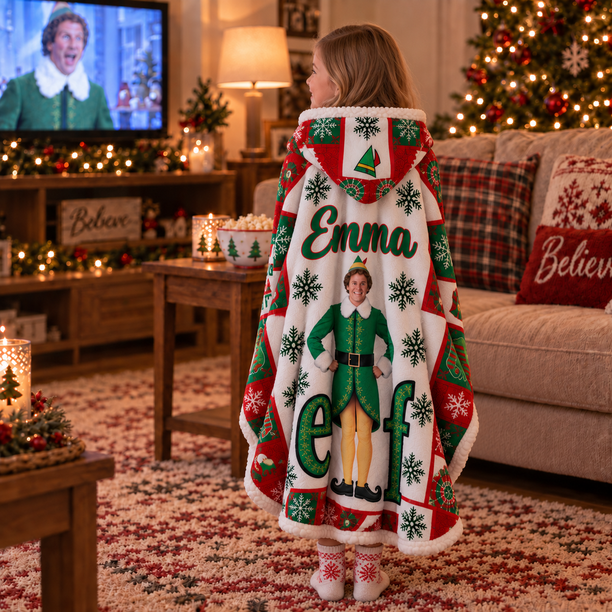 Personalized Buddy the Elf Christmas Patchwork Hooded Blanket.