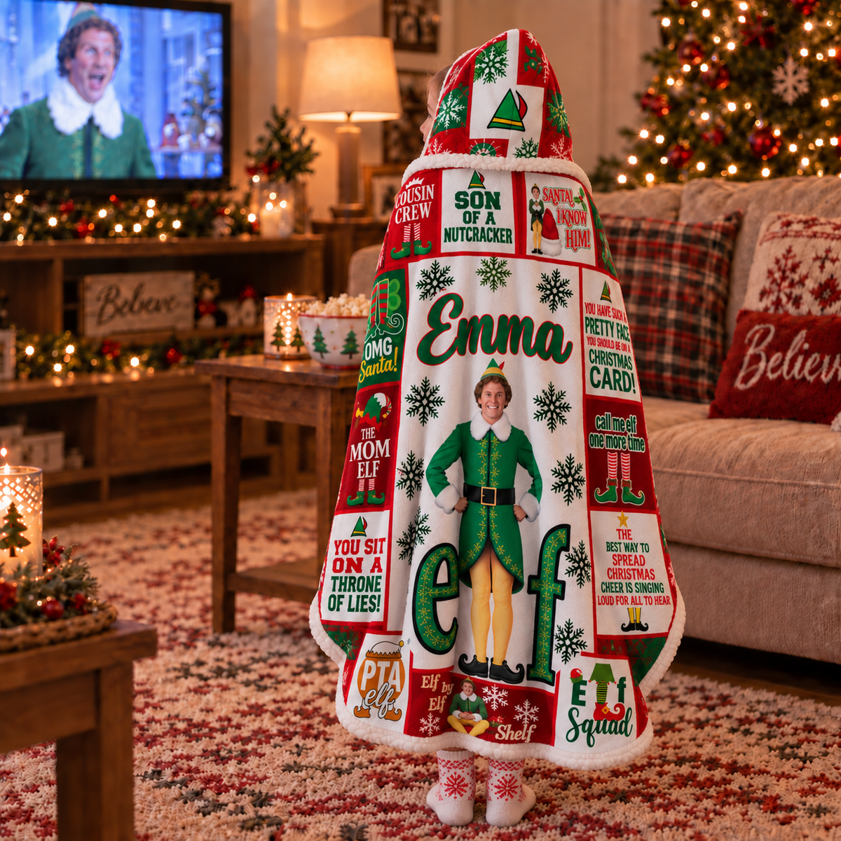 Personalized Buddy the Elf Christmas Patchwork Hooded Blanket.
