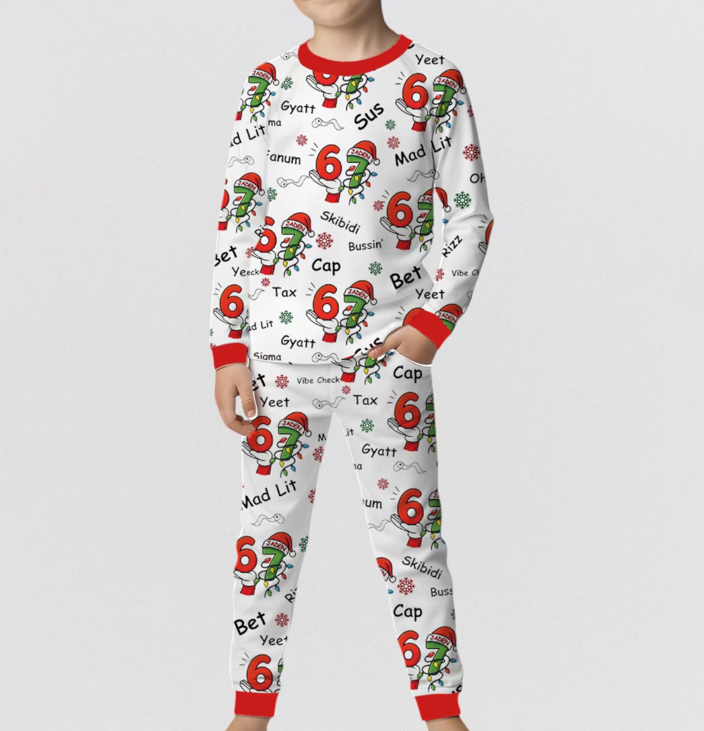 Personalized Funny 67 Meme Kids Christmas Pajama Set – Viral TikTok-Inspired Holiday Sleepwear