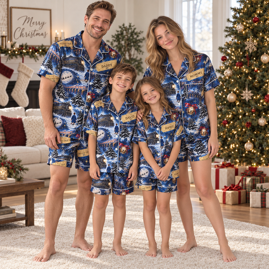 Personalized Blue Christmas Train Family Short-sleeve Pajamas