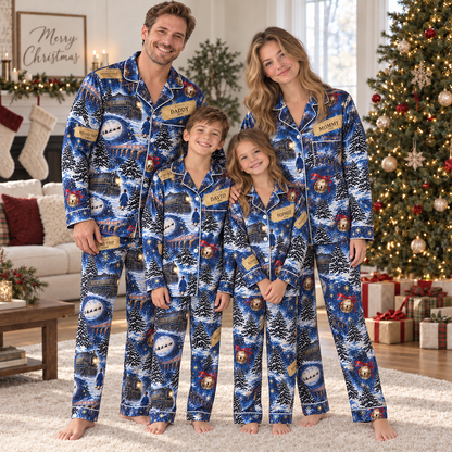 Personalized Blue Christmas Train Family Long-sleeve Pajamas