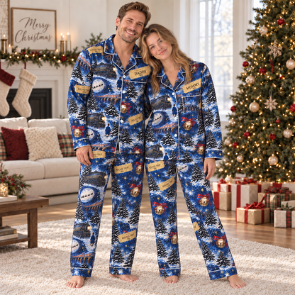 Personalized Blue Christmas Train Family Long-sleeve Pajamas