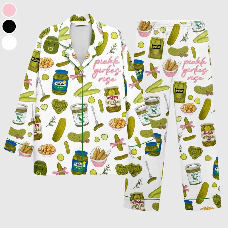 Womens Pickles Print Satin Pajama Set Short Sleeve Silky Sleepwear with Pockets Gift for Pickle Lovers