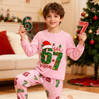 67 Christmas Pajama Set – Long Sleeve Cartoon Print Holiday Sleepwear, Soft Cozy Pants Outfit, Unique Six Seven Design Gift