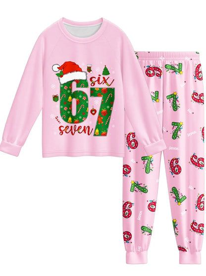67 Christmas Pajama Set – Long Sleeve Cartoon Print Holiday Sleepwear, Soft Cozy Pants Outfit, Unique Six Seven Design Gift