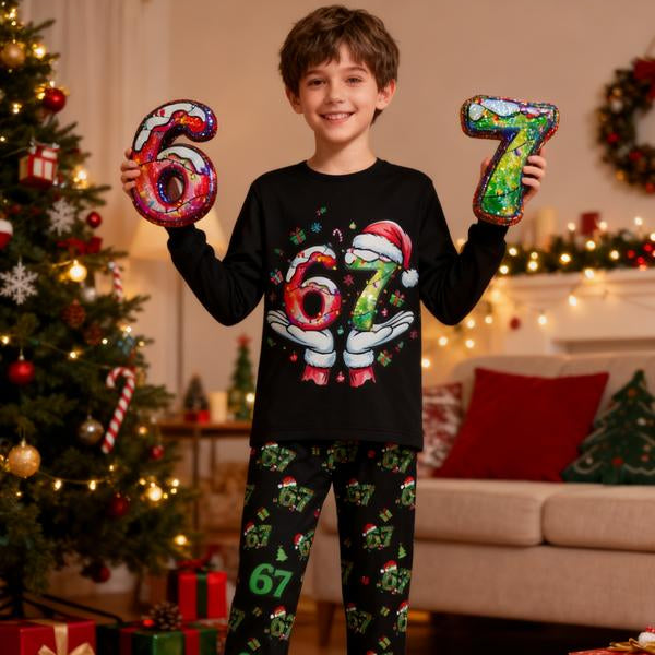 67 Christmas Pattern Kids Pajamas – Trendy Six Seven Meme Long Sleeve Sleepwear, Cozy Fall & Winter Holiday Gift for Children