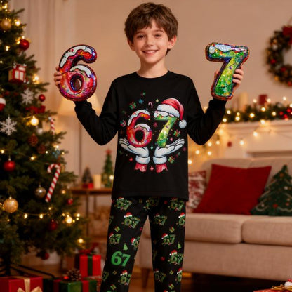 67 Christmas Pattern Kids Pajamas – Trendy Six Seven Meme Long Sleeve Sleepwear, Cozy Fall & Winter Holiday Gift for Children