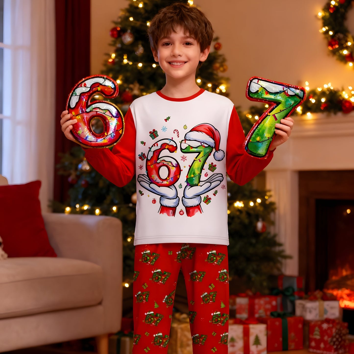 67 Christmas Pattern Kids Pajamas – Trendy Six Seven Meme Long Sleeve Sleepwear, Cozy Fall & Winter Holiday Gift for Children