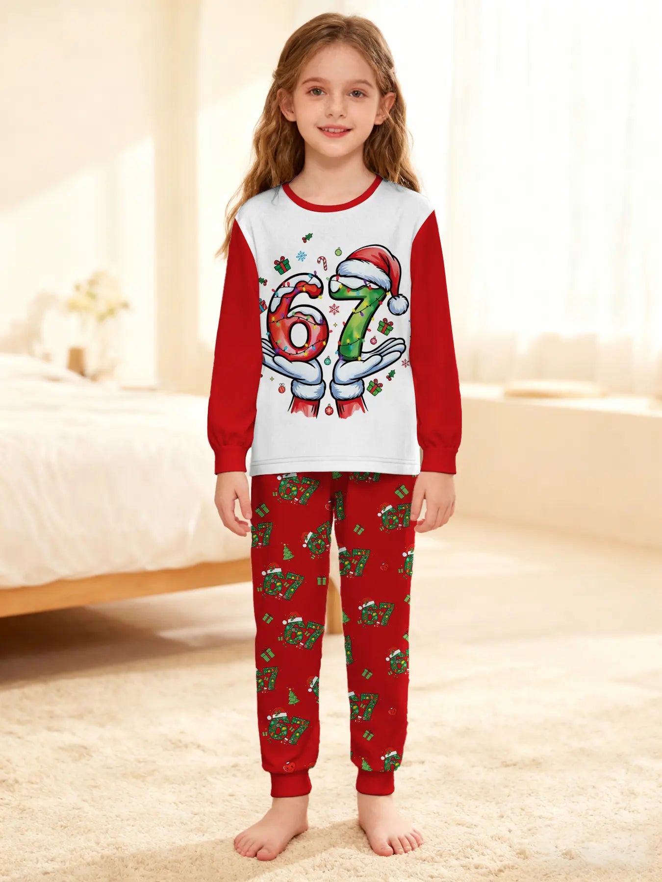 67 Christmas Pattern Kids Pajamas – Trendy Six Seven Meme Long Sleeve Sleepwear, Cozy Fall & Winter Holiday Gift for Children