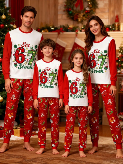 Christmas 67 Family Matching Pajama Set – Parent-Child Long Sleeve Cartoon Print Sleepwear, Cozy Holiday Home Wear for All Seasons