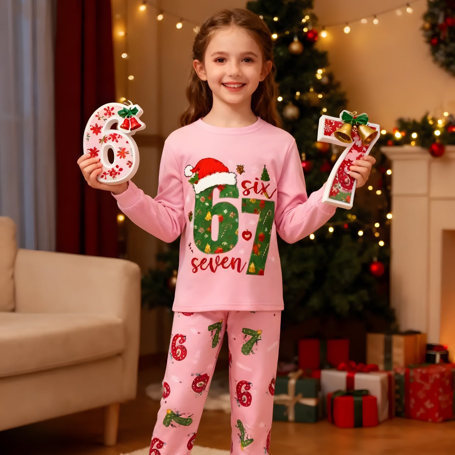 67 Christmas Pajama Set – Long Sleeve Cartoon Print Holiday Sleepwear, Soft Cozy Pants Outfit, Unique Six Seven Design Gift