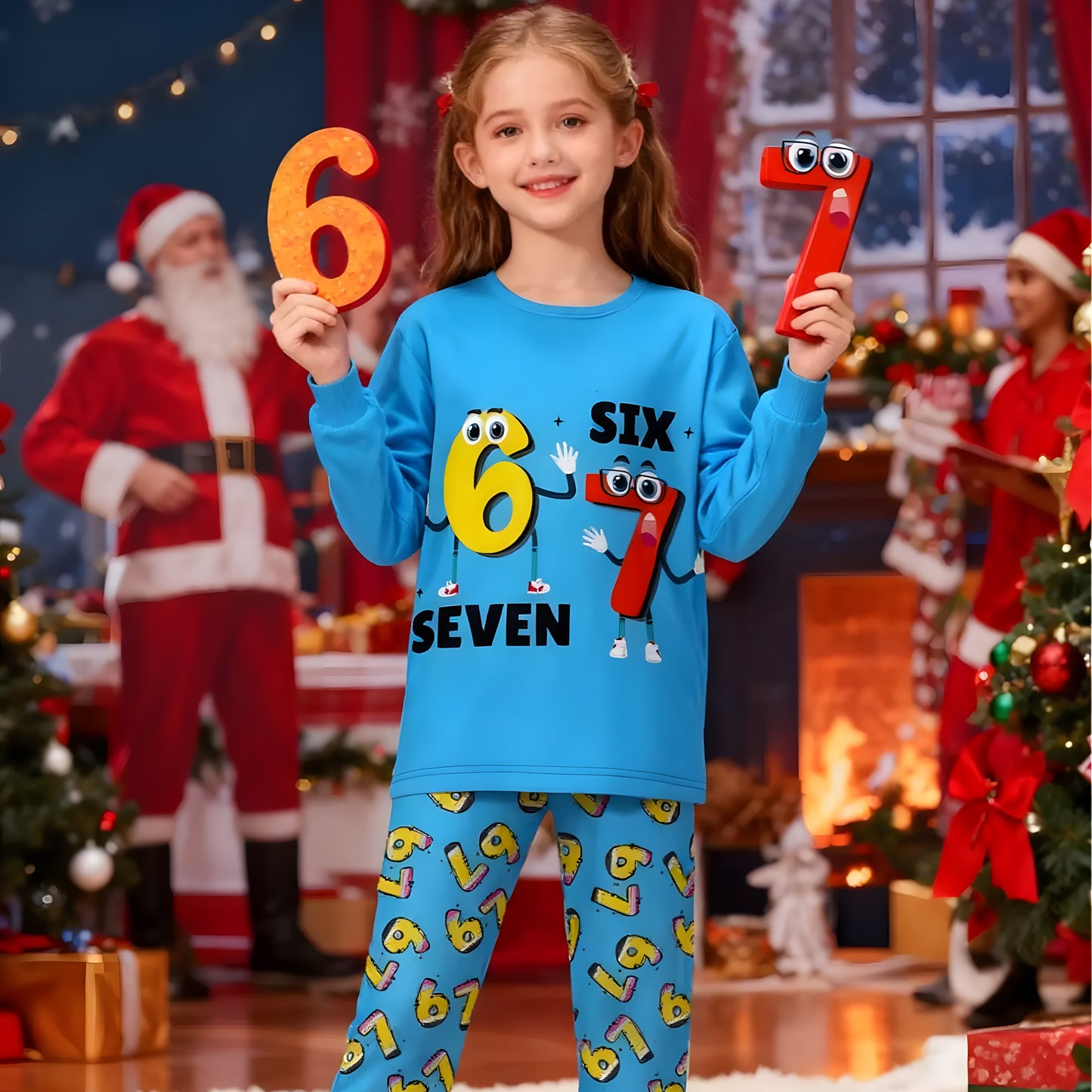 67 Christmas Pattern Kids Pajamas – Trendy Six Seven Meme Long Sleeve Sleepwear, Cozy Fall & Winter Holiday Gift for Children