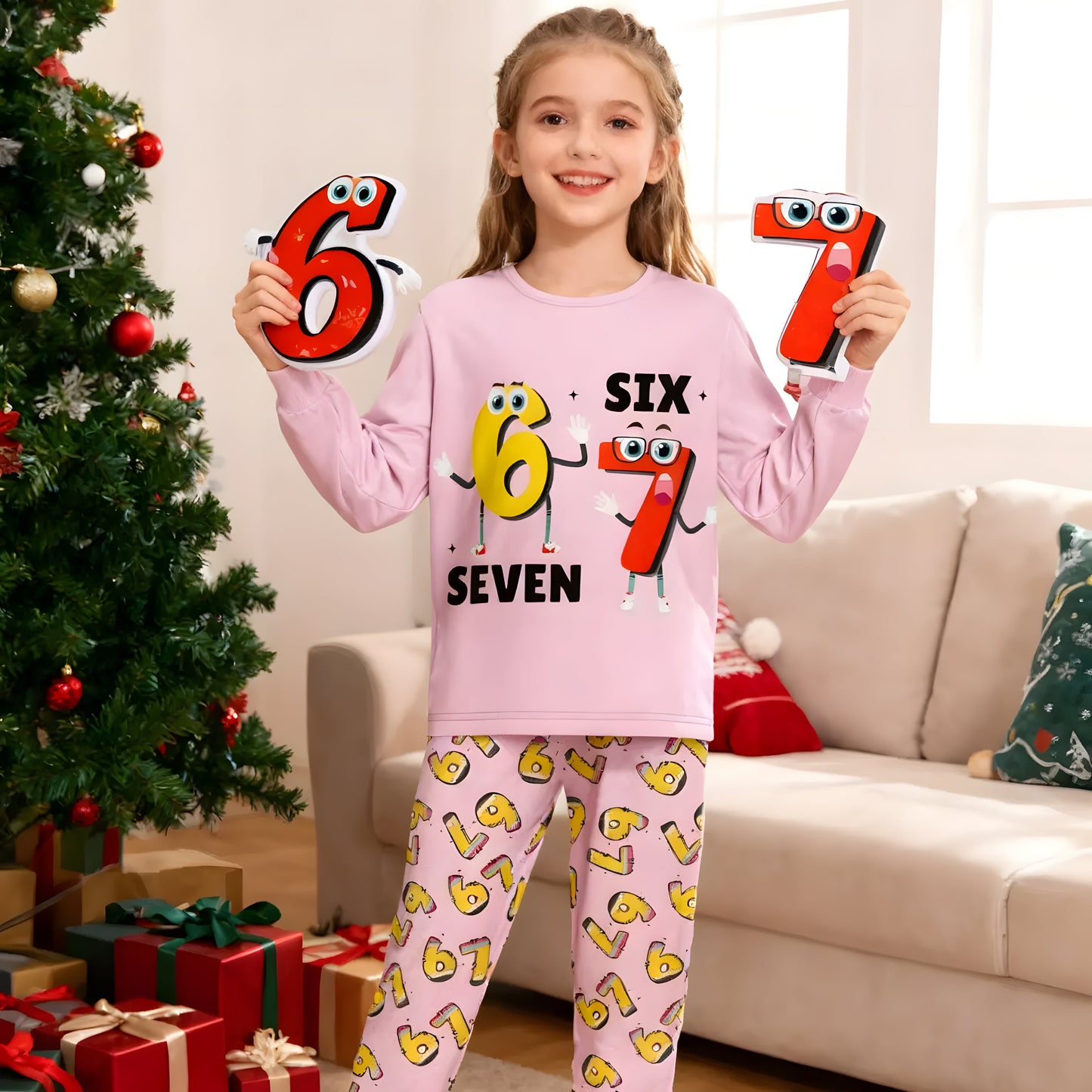 67 Christmas Kids Pajamas – Trendy Six Seven Meme Long Sleeve Sleepwear, Cozy Fall & Winter Holiday Gift for Children